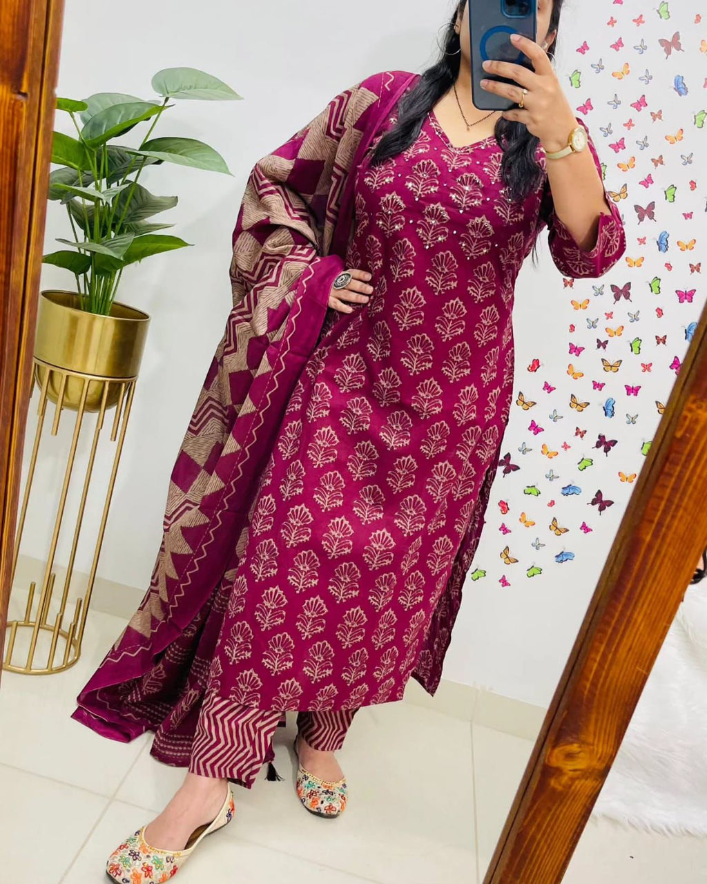 Enchanted Vine" Plum Blossom Block Print Cotton Suit Set with Dupatta