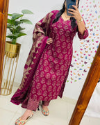 Enchanted Vine" Plum Blossom Block Print Cotton Suit Set with Dupatta