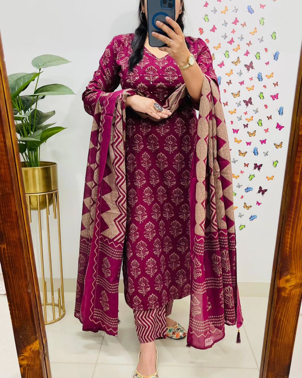 Enchanted Vine" Plum Blossom Block Print Cotton Suit Set with Dupatta