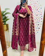 Enchanted Vine" Plum Blossom Block Print Cotton Suit Set with Dupatta