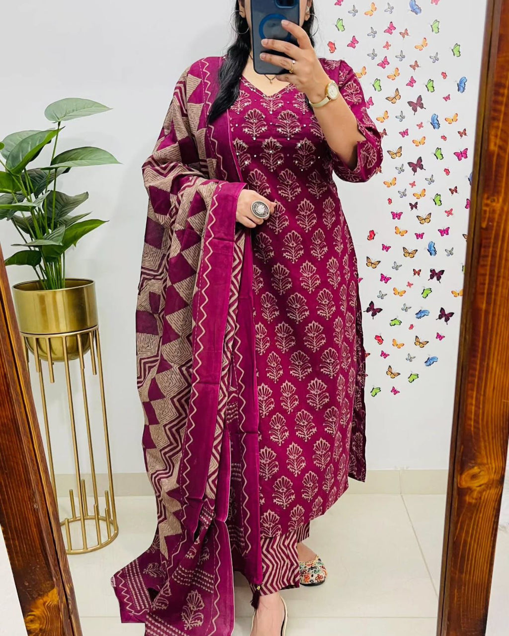 Enchanted Vine" Plum Blossom Block Print Cotton Suit Set with Dupatta