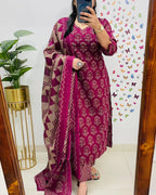 Enchanted Vine" Plum Blossom Block Print Cotton Suit Set with Dupatta
