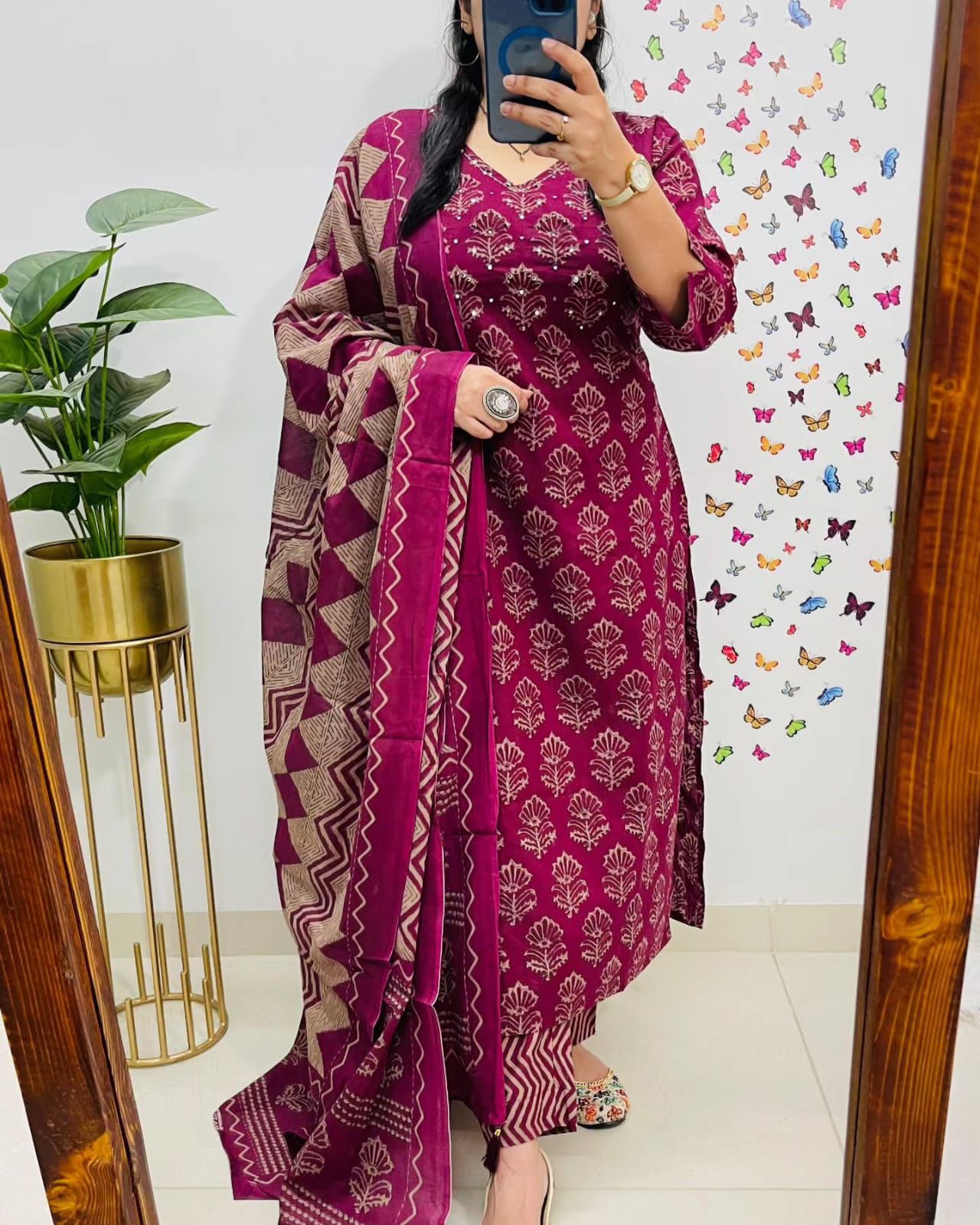 Enchanted Vine" Plum Blossom Block Print Cotton Suit Set with Dupatta