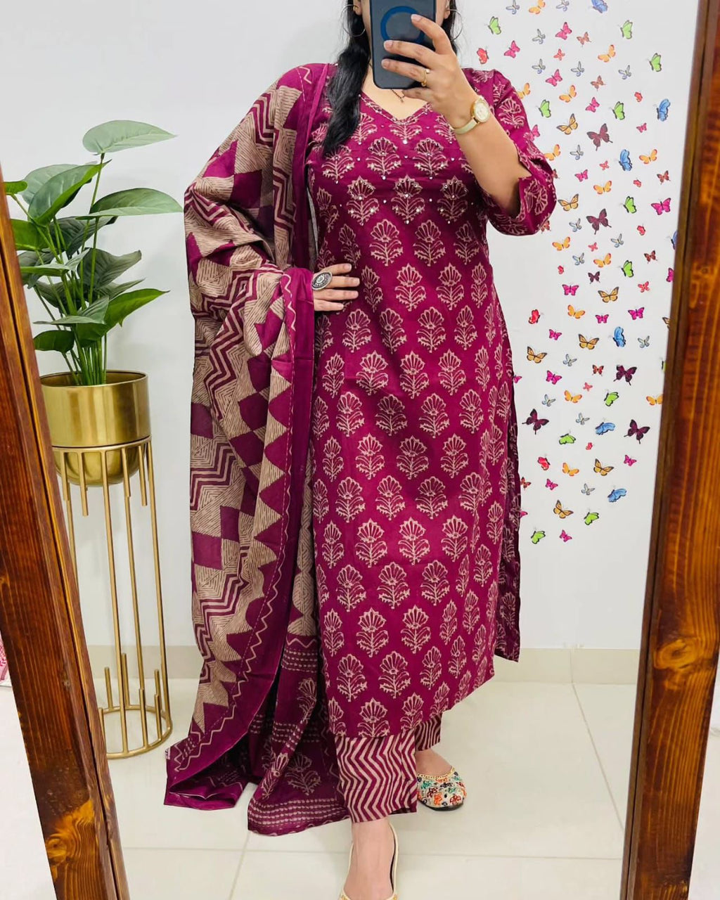 Enchanted Vine" Plum Blossom Block Print Cotton Suit Set with Dupatta