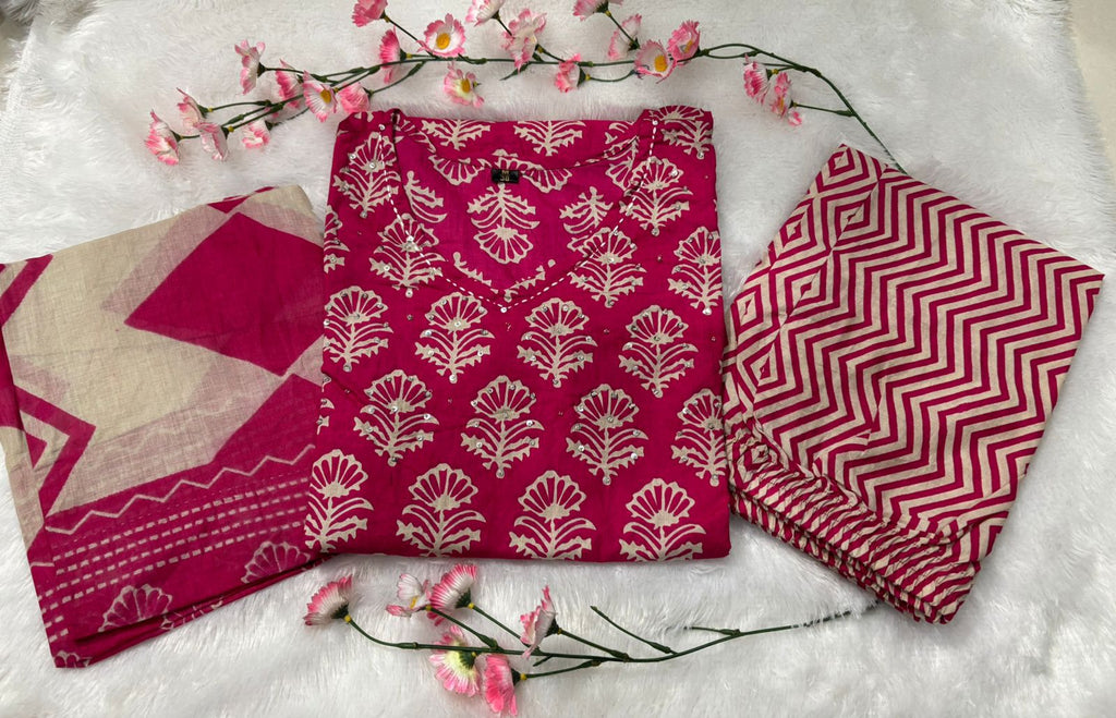 Enchanted Vine" Plum Blossom Block Print Cotton Suit Set with Dupatta