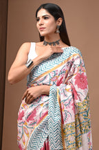 Moyna Blossom' Hand Block Printed Assam Silk Blend Saree