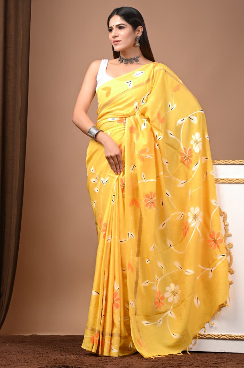 Radiant Marigold" Hand Block Printed Assam Silk Blend Saree