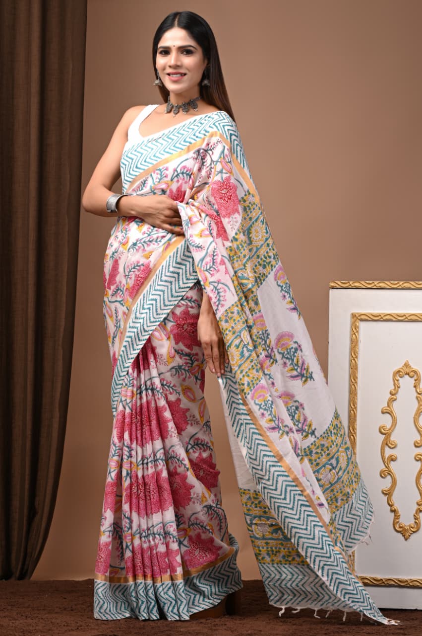 Moyna Blossom' Hand Block Printed Assam Silk Blend Saree