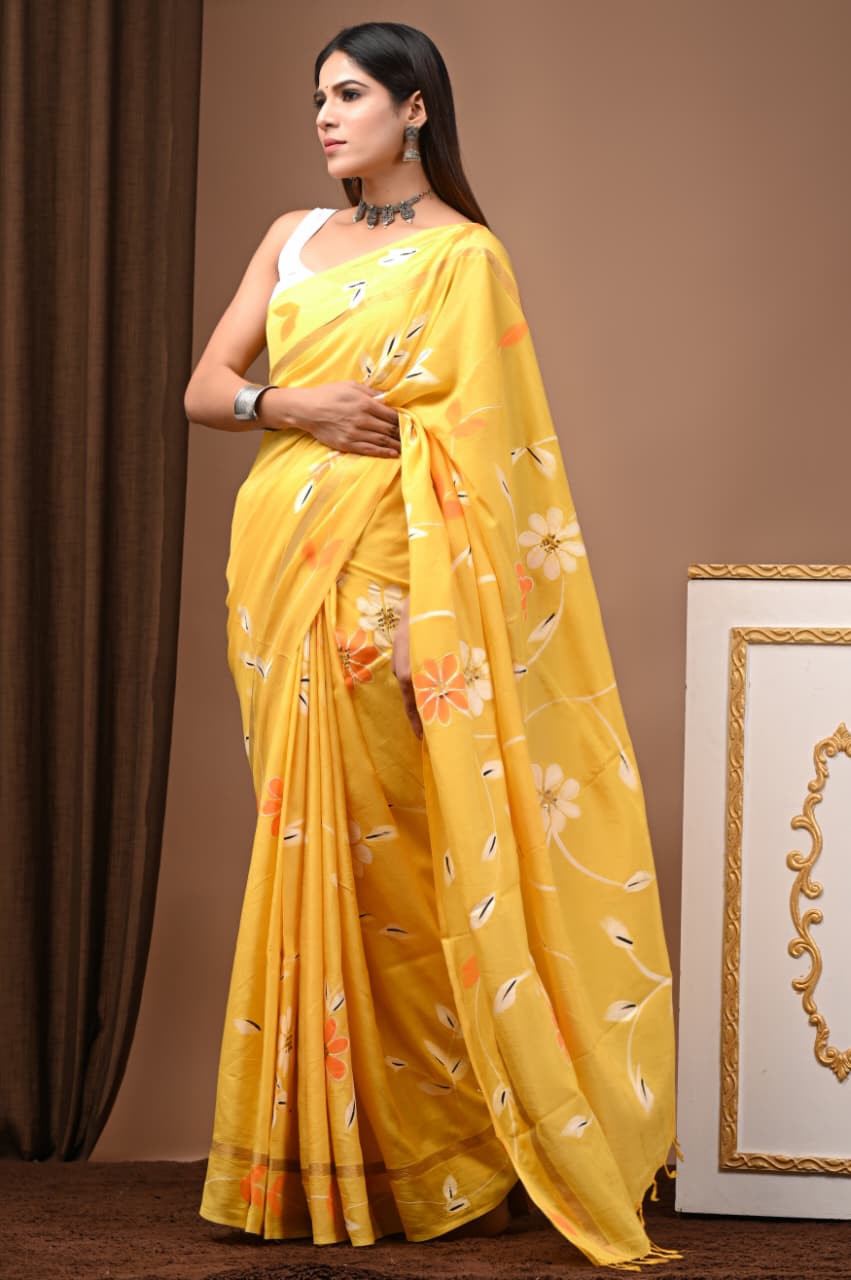 Radiant Marigold" Hand Block Printed Assam Silk Blend Saree
