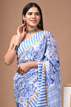 Azure Bloom" Hand Block Printed Assam Silk Blend Saree