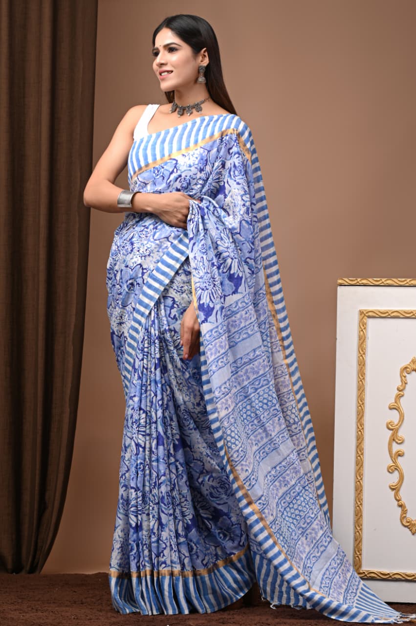 Azure Bloom" Hand Block Printed Assam Silk Blend Saree