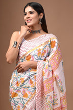Spring Garden" Hand Block Printed Assam Silk Blend Saree