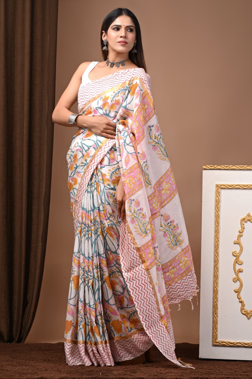 Spring Garden" Hand Block Printed Assam Silk Blend Saree