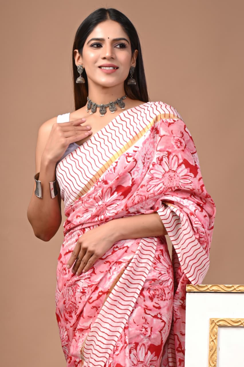 Rose Garden Reverie" Hand Block Printed Assam Silk Blend Saree