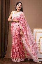 Rose Garden Reverie" Hand Block Printed Assam Silk Blend Saree