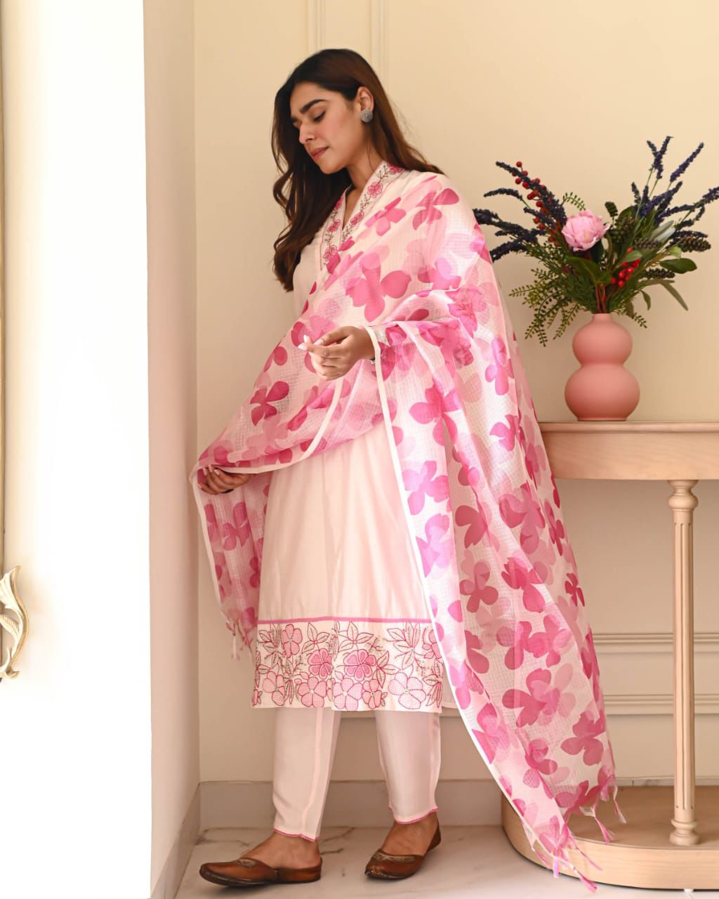 Whispering Petals" Embroidered Cotton Suit with Floral Dupatta
