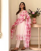 Whispering Petals" Embroidered Cotton Suit with Floral Dupatta