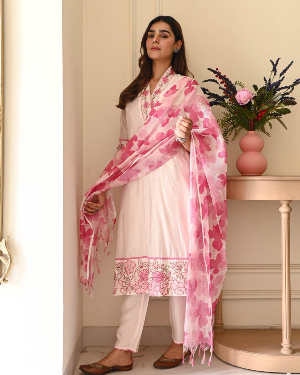 Whispering Petals" Embroidered Cotton Suit with Floral Dupatta