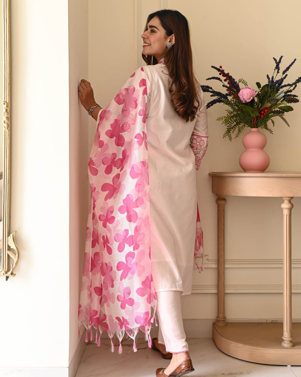 Whispering Petals" Embroidered Cotton Suit with Floral Dupatta