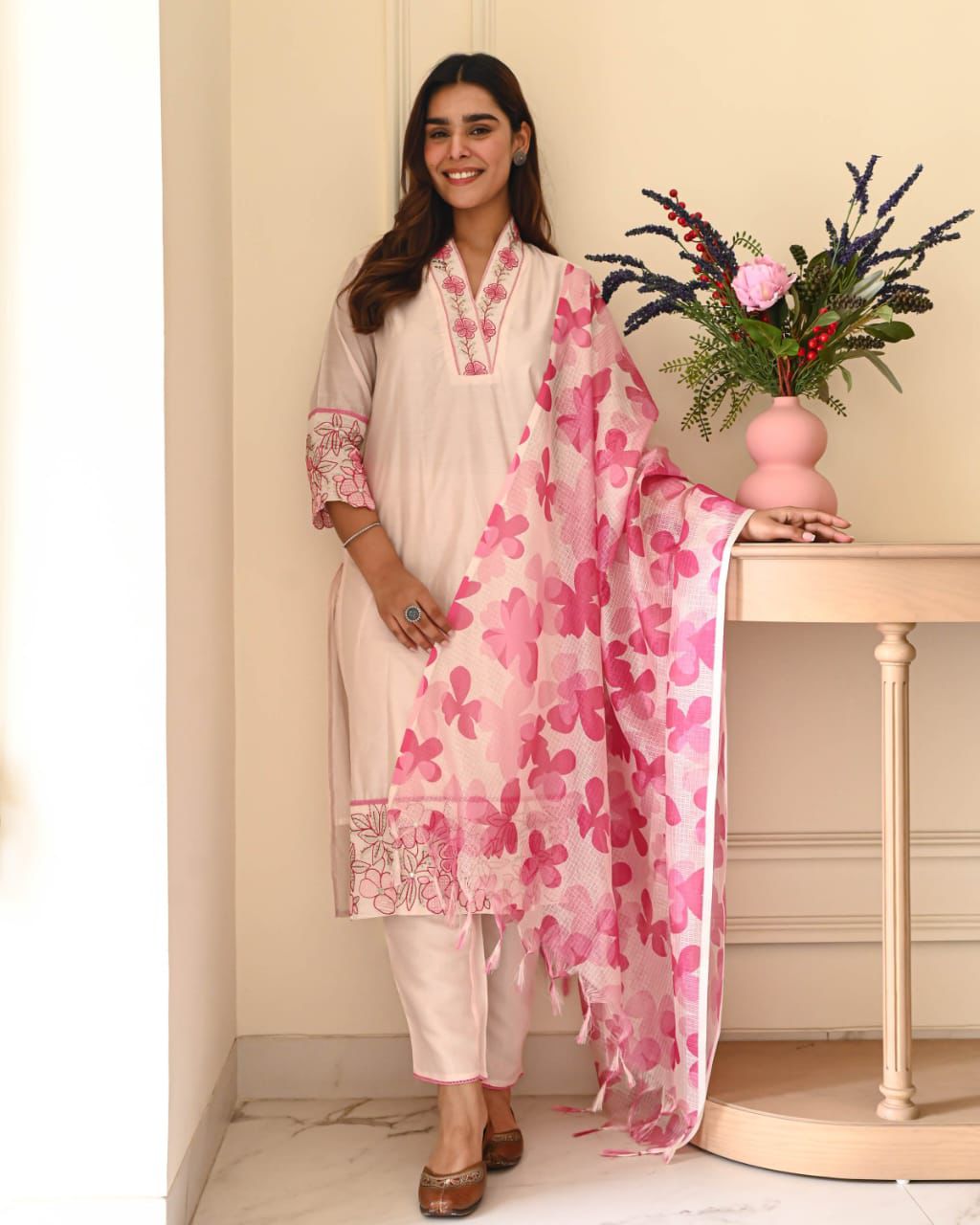 Whispering Petals" Embroidered Cotton Suit with Floral Dupatta