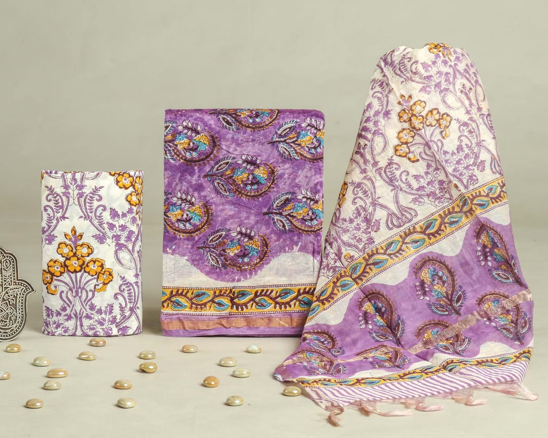 Kesar-Lavender Handblock Chanderi Silk Suit Set