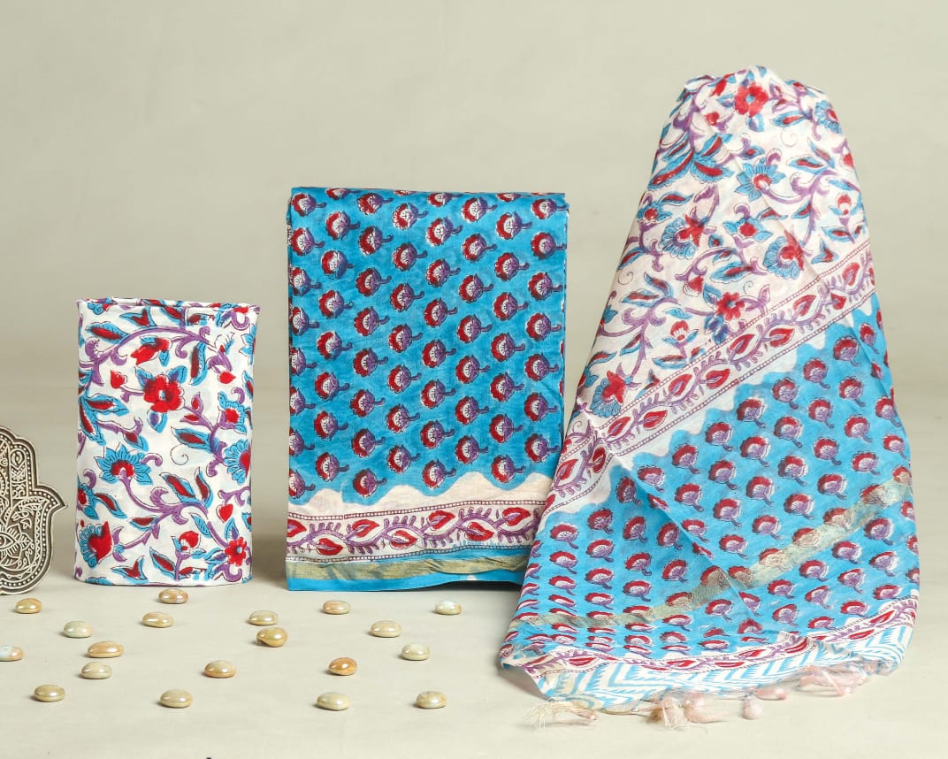 Neelgul Handblock Chanderi Silk Suit Set