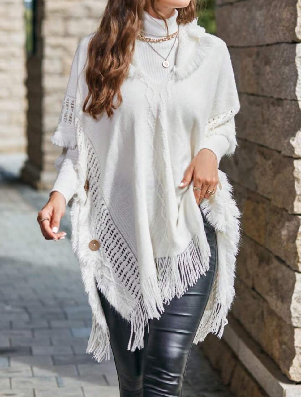 Aria Fringe Knit Hooded Poncho