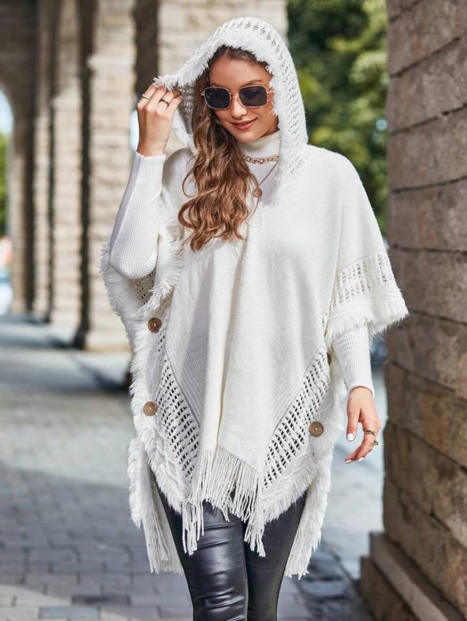 Aria Fringe Knit Hooded Poncho