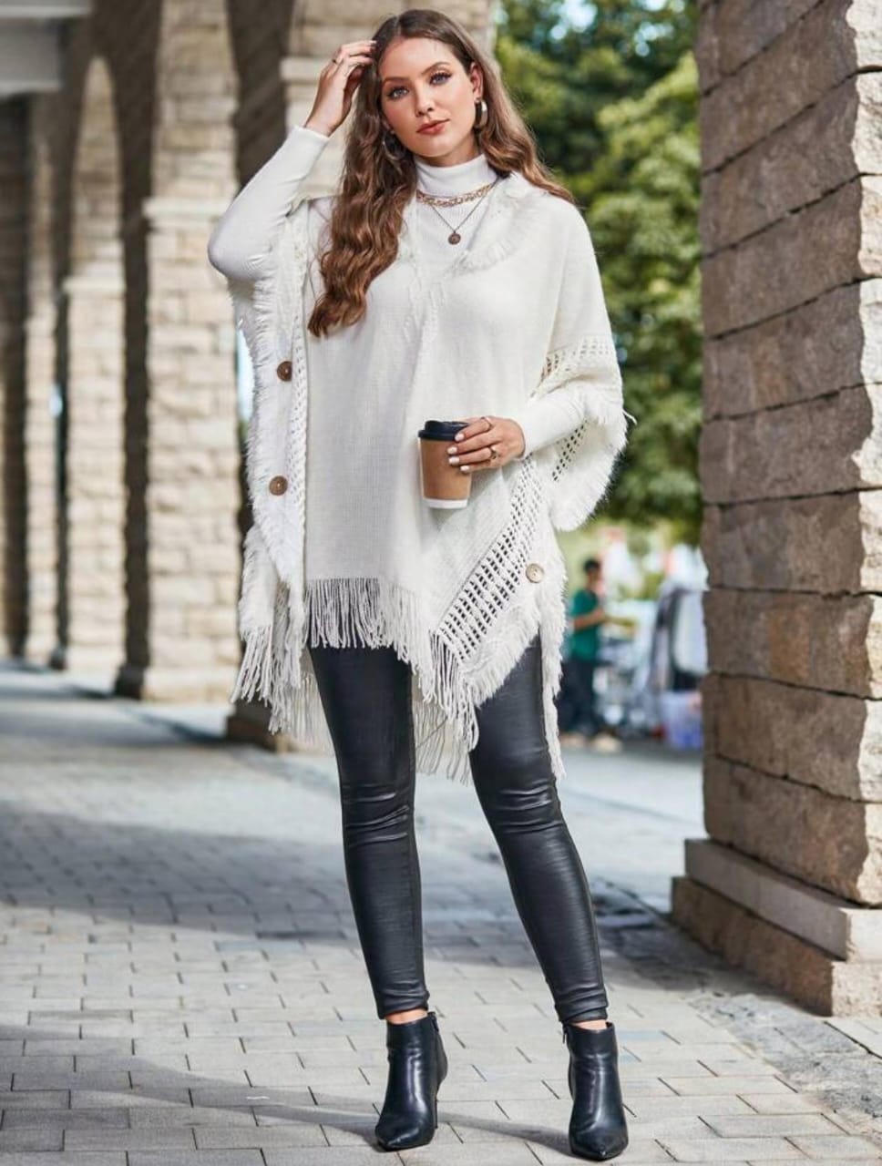 Aria Fringe Knit Hooded Poncho