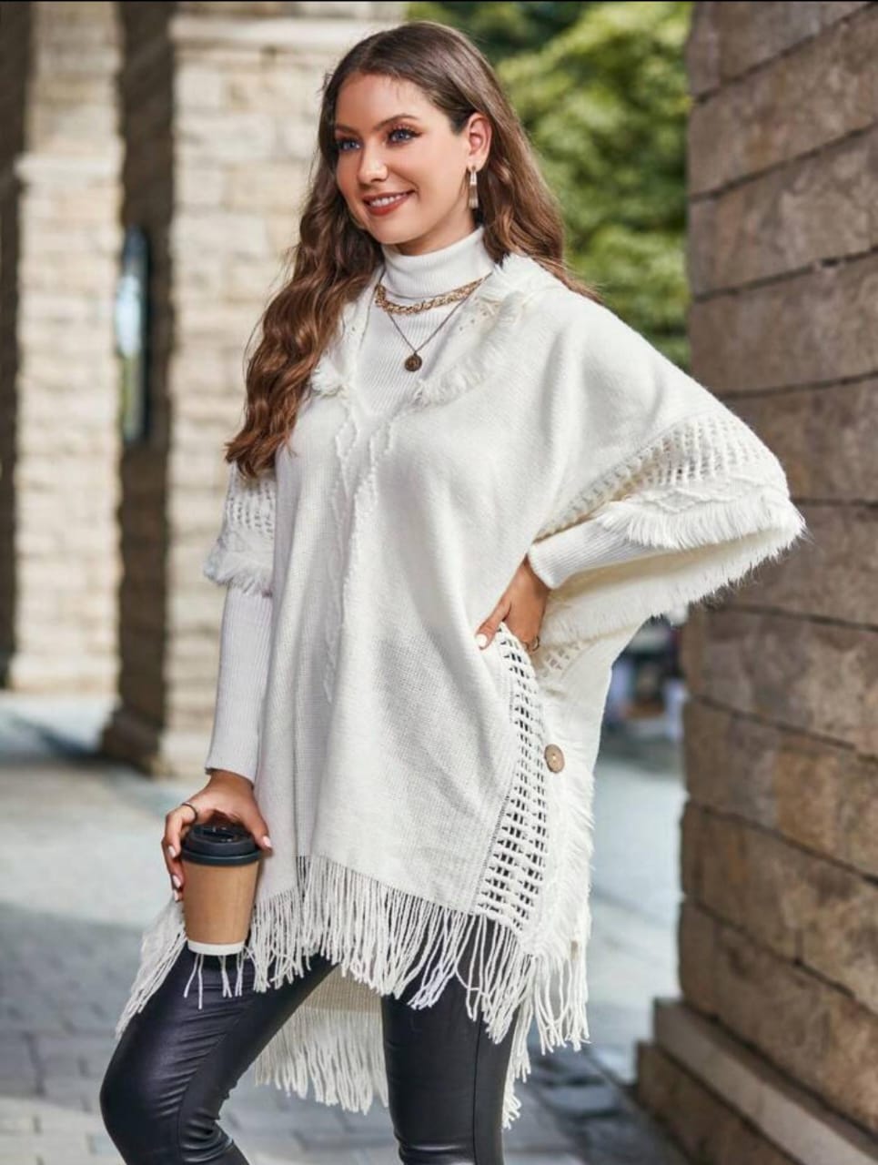 Aria Fringe Knit Hooded Poncho