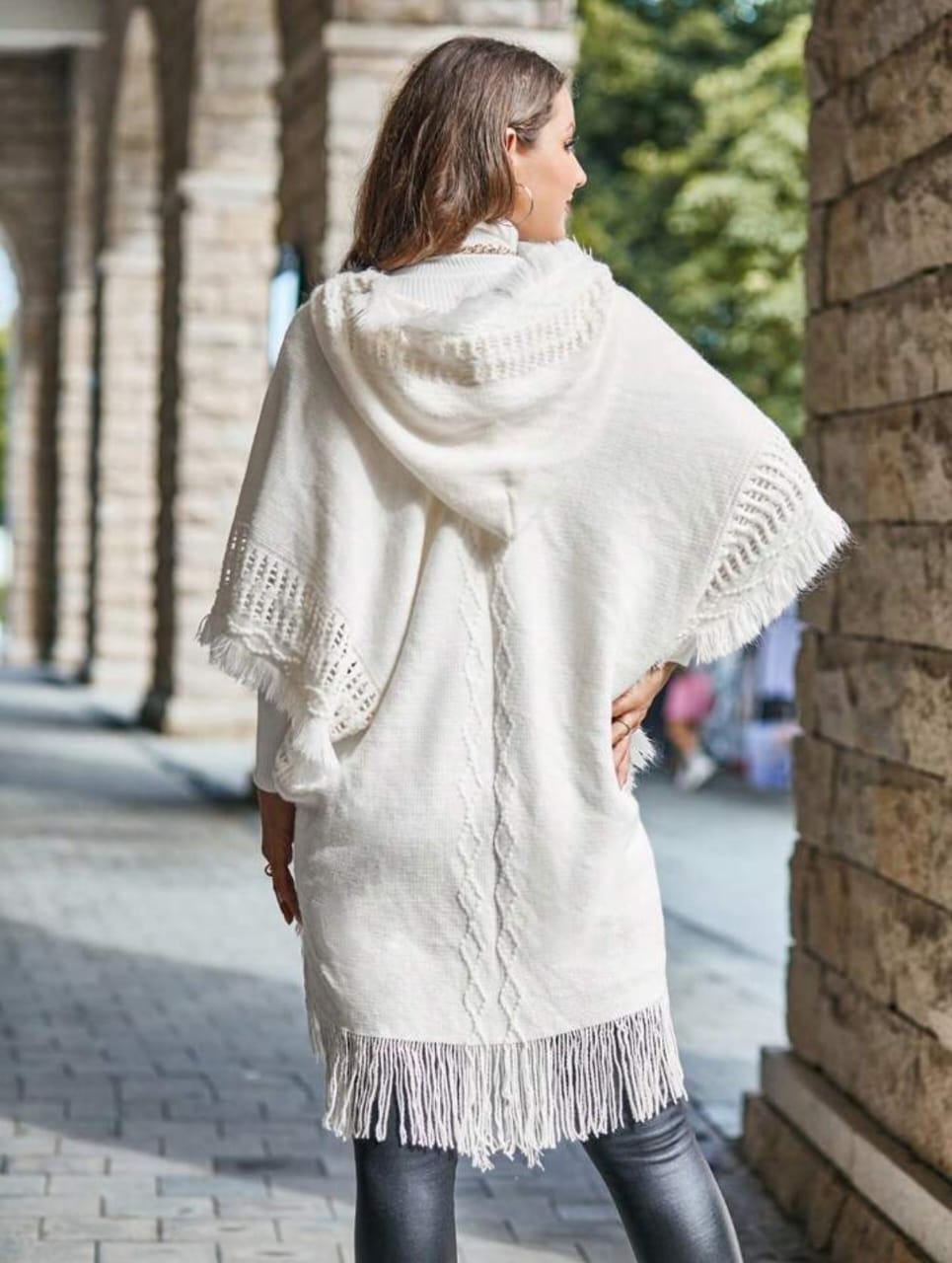 Aria Fringe Knit Hooded Poncho