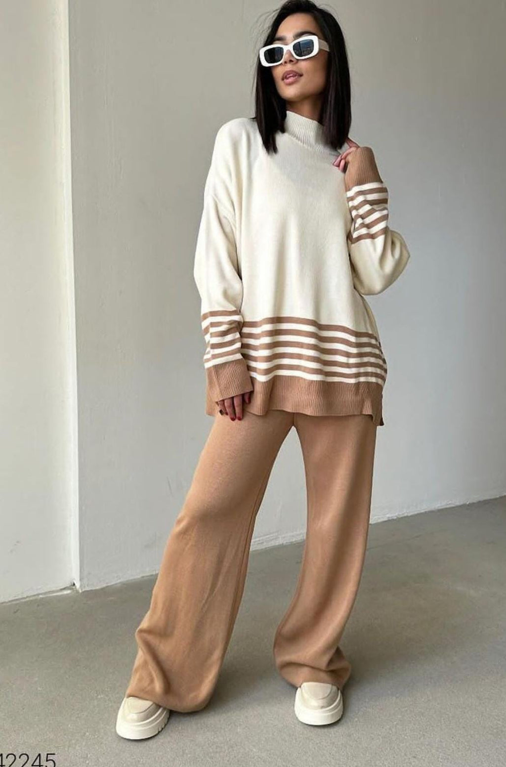 Ribbed Knit Turtleneck & Wide-Leg Pant Set