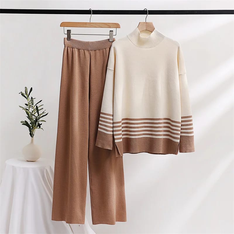 Ribbed Knit Turtleneck & Wide-Leg Pant Set