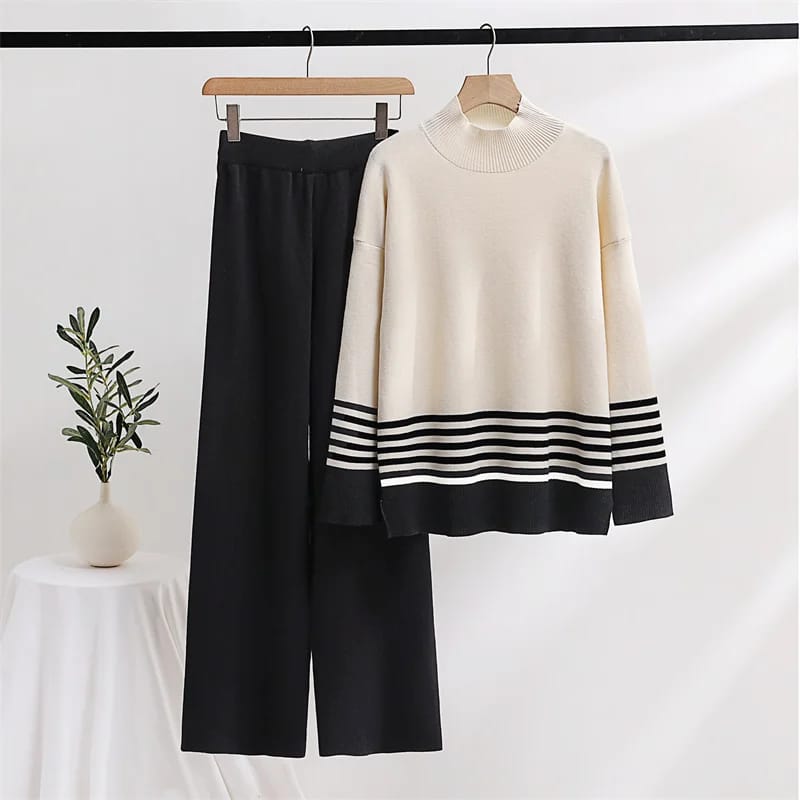Ribbed Knit Turtleneck & Wide-Leg Pant Set